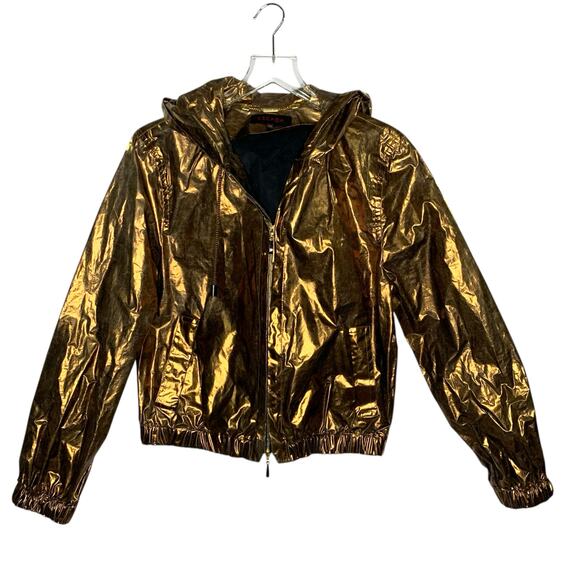 Escada IT36 Small Gold Poly Metallic Zip Up Jacket Crinkle Hooded Designer Lux - Picture 2 of 9